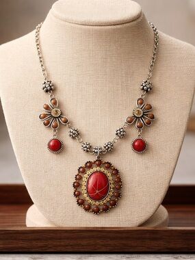Vintage-Inspired Red and Brown Pendant Necklace - Women Jewelry